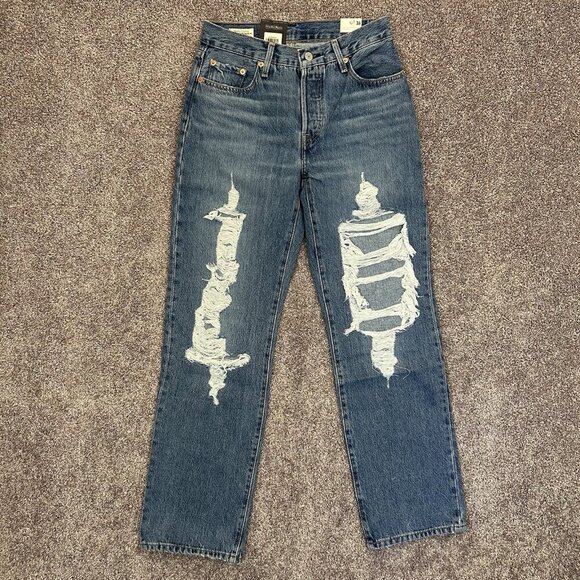 Levi's Women's 501 90s Jeans Size 24 x 30 Blue Distressed Mid Rise Loose NWT $98 - Picture 5 of 16